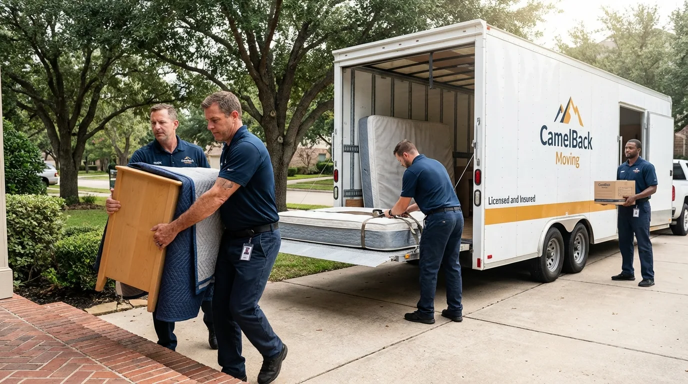 Crew loading residential truck for cross-state move from Plains, KS