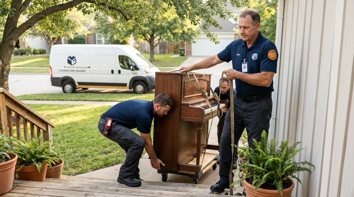Licensed piano movers securing grand piano in Plains, KS