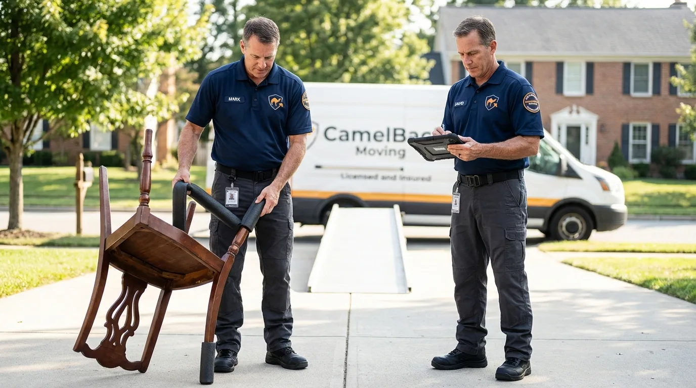 Movers inspecting furniture for damage prevention before loading in Plains, KS