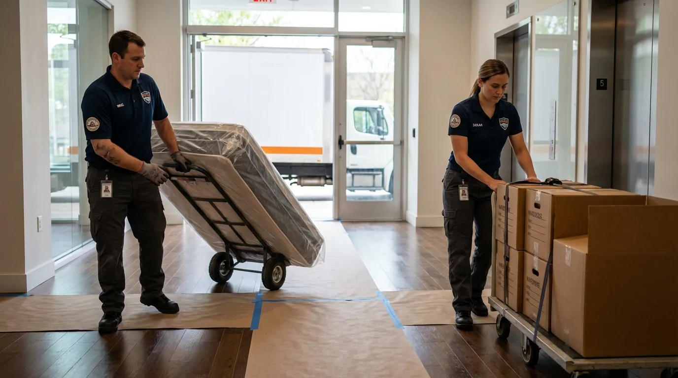 Professional apartment movers loading elevator in Plains, KS