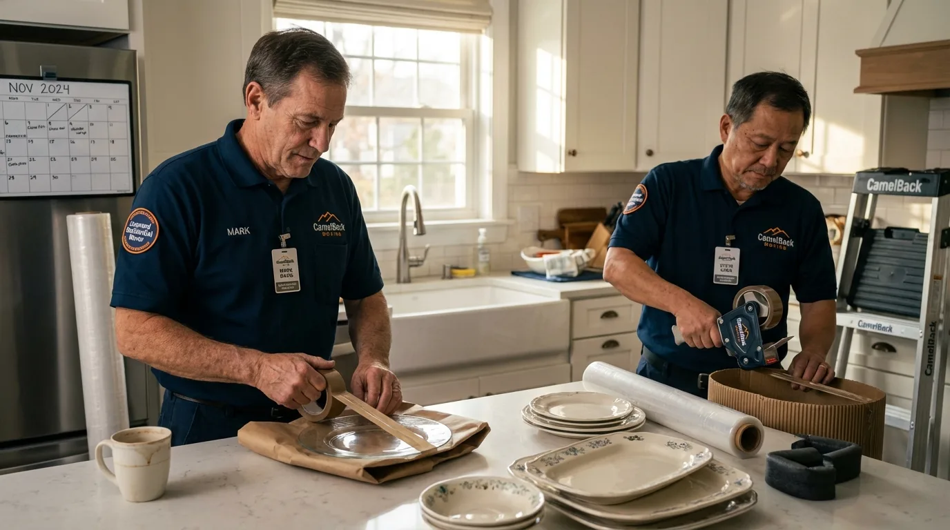 Professional crew packing kitchen dishware in Plains, KS